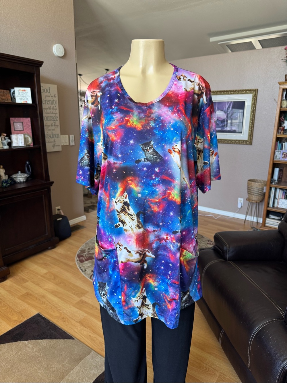 Funny Guy Creation galaxy cat print short sleeve with pockets-size XL